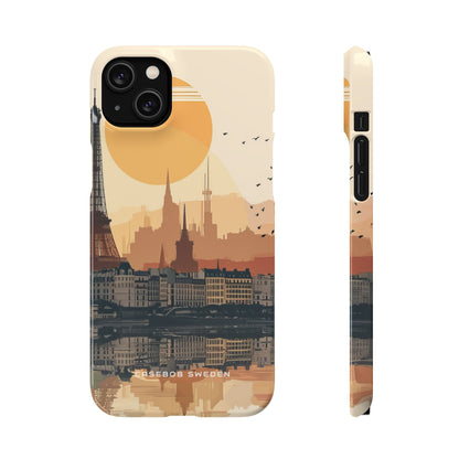 Eiffel Tower Silhouette with Birds and Sun Reflection iPhone 14 - Slim Phone Case