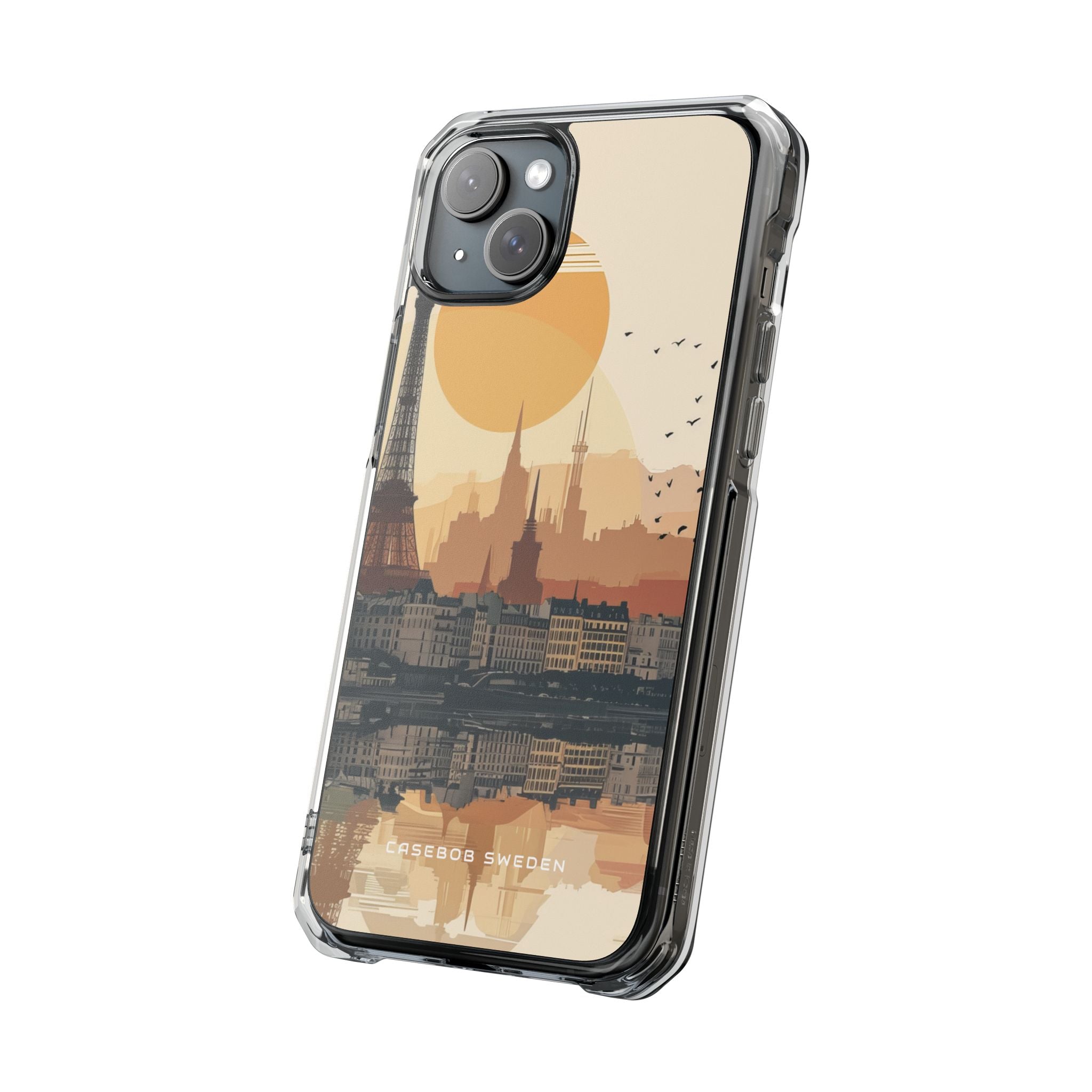 Eiffel Tower Silhouette with Birds and Sun Reflection iPhone 15 - Clear Impact Phone Case