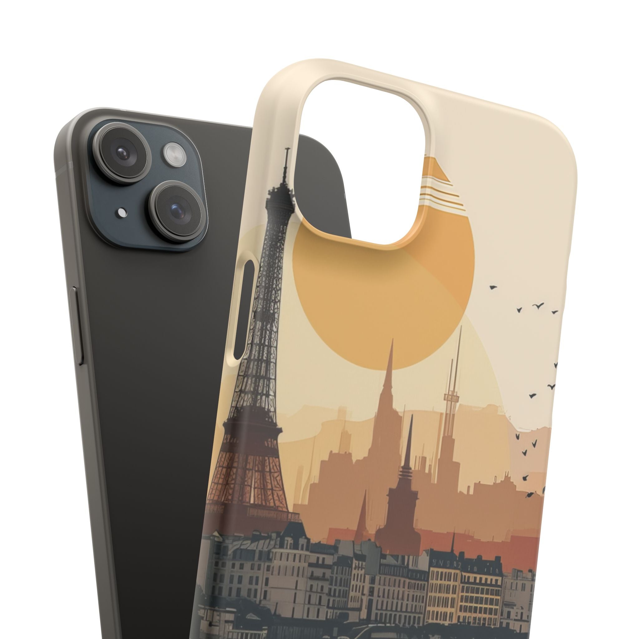 Eiffel Tower Silhouette with Birds and Sun Reflection iPhone 15 - Slim Phone Case