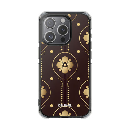 Elegant Gold Floral Symmetrical on Dark Brown iPhone 15 - Impact Clear+