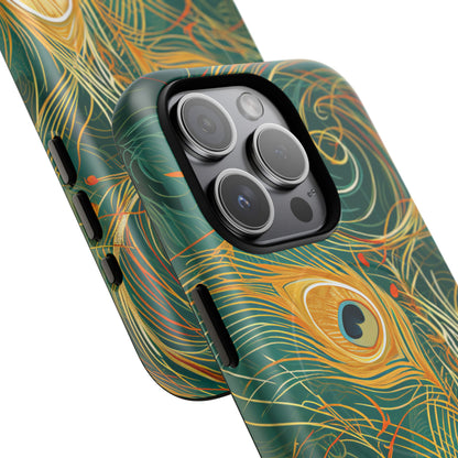 Peacock Elegance in Teal and Gold iPhone 15 | Tough+ Phone Case