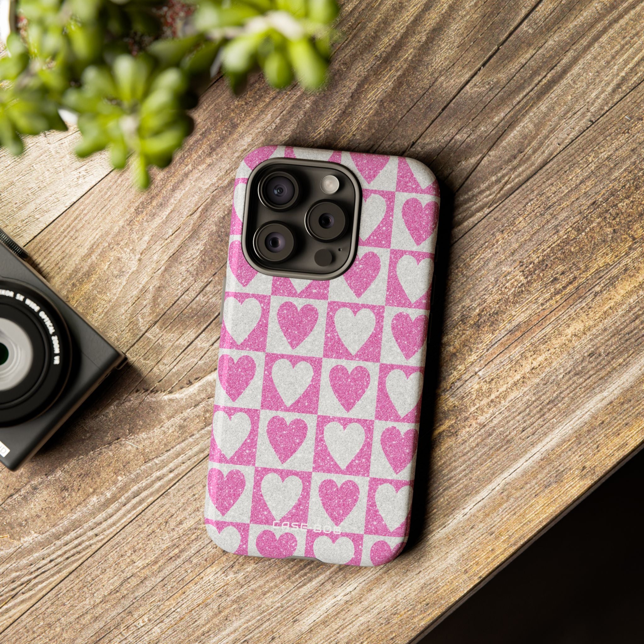 Glitter Heart Grid iPhone 15 Pro Case - Tough