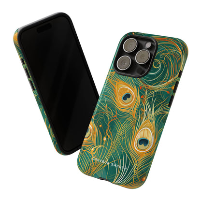 Peacock Elegance in Teal and Gold iPhone 15 - Tough Phone Case