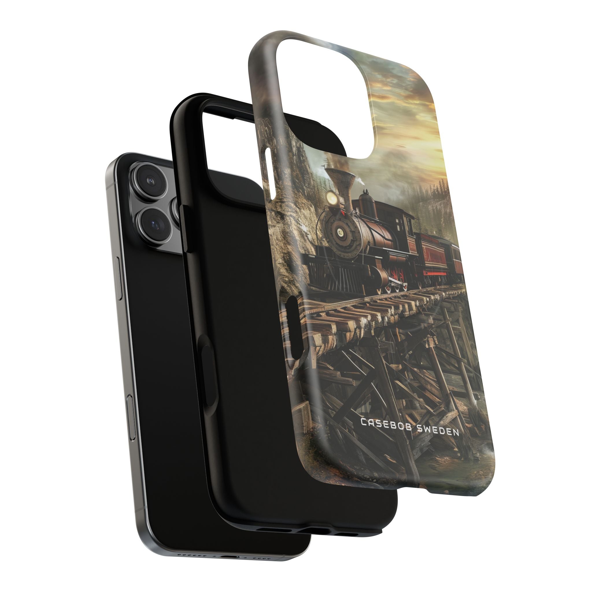 Vintage Steam Train Crossing Mountain Bridge iPhone 16 | Tough+ Phone Case