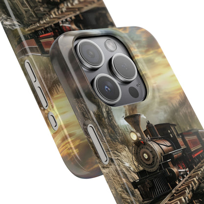 Vintage Steam Train Crossing Mountain Bridge iPhone 15 - Slim Phone Case