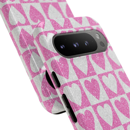 Glitter Heart Grid Google Pixel 9 Pro Case - Tough