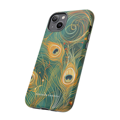 Peacock Elegance in Teal and Gold iPhone 14 - Tough Phone Case