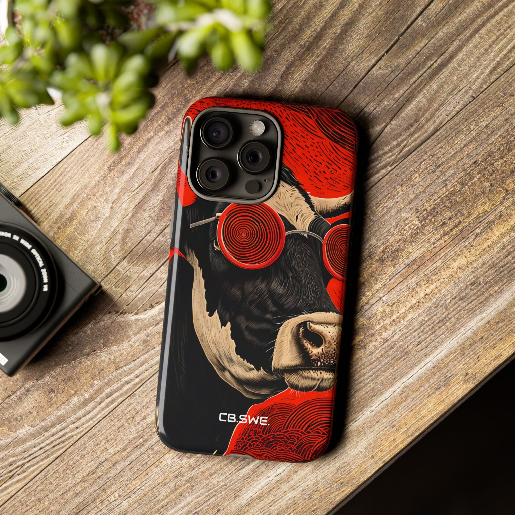 Surreal Black White Cow Red Spiral Sunglasses iPhone 15 - Tough