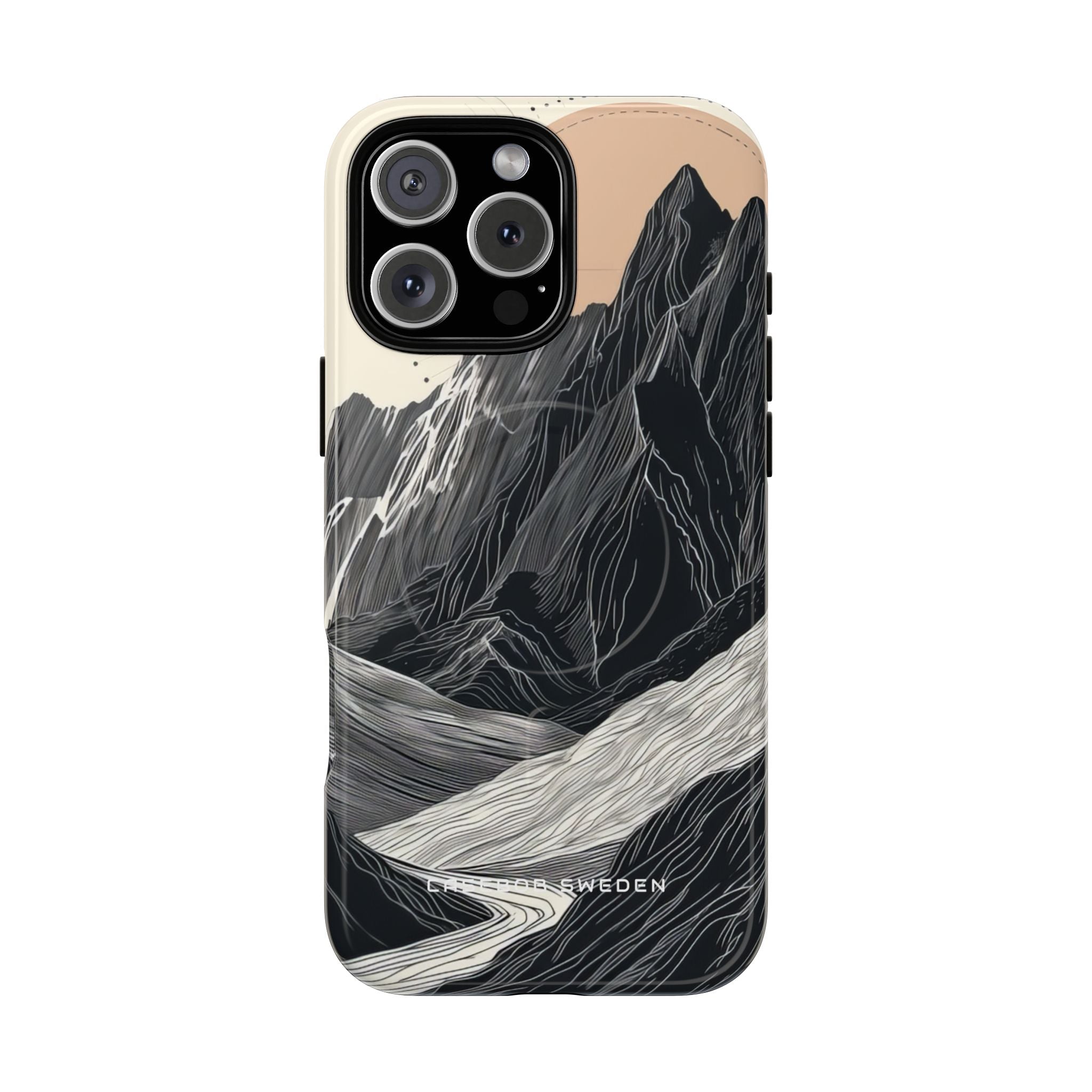 Minimalist Mountain Landscape with Flowing River iPhone 16 | Tough+ Phone Case