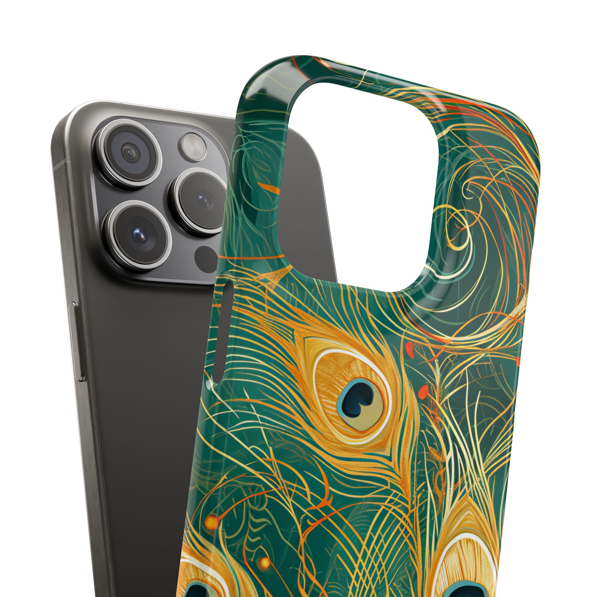 Peacock Elegance in Teal and Gold iPhone 15 - Slim Phone Case