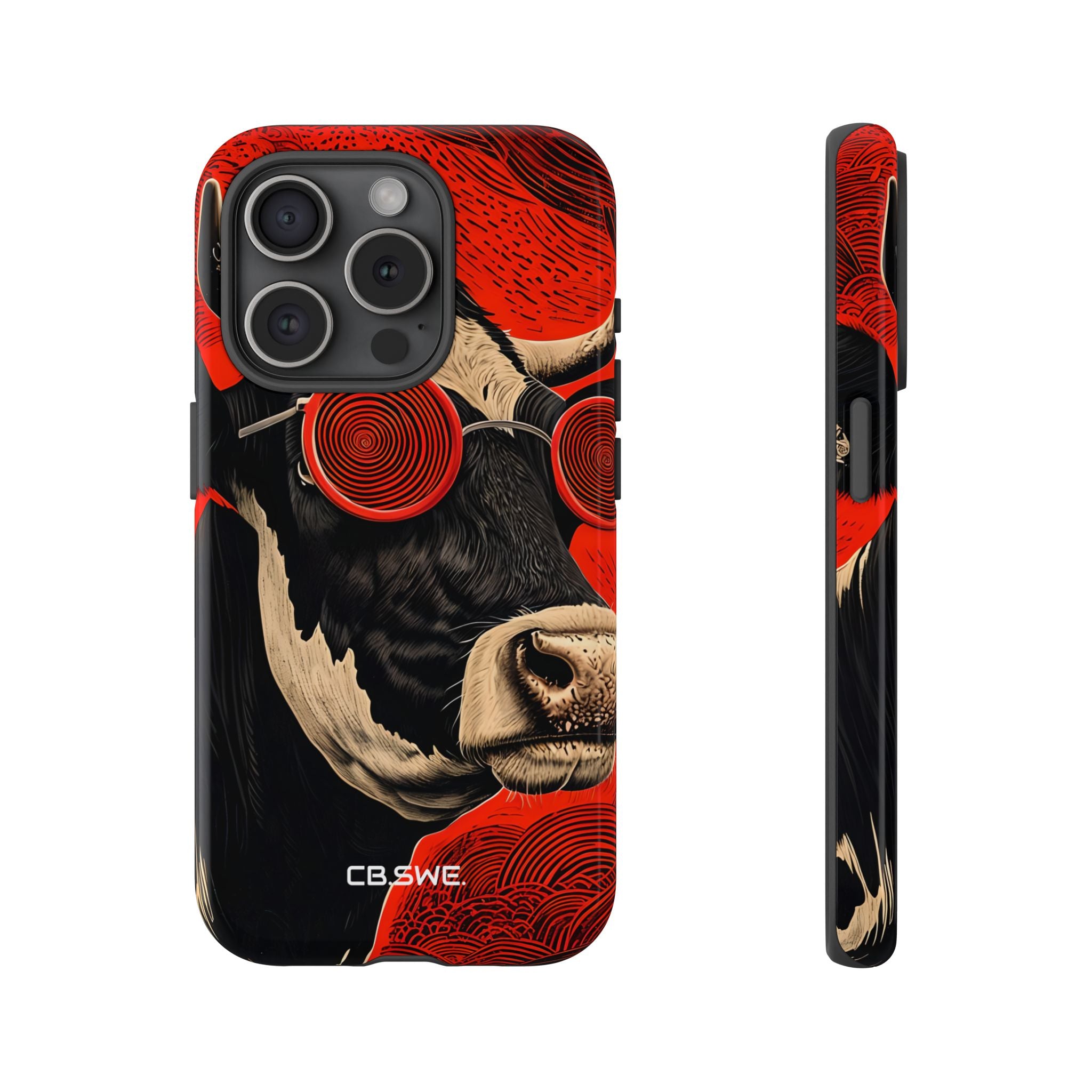 Surreal Black White Cow Red Spiral Sunglasses iPhone 15 - Tough