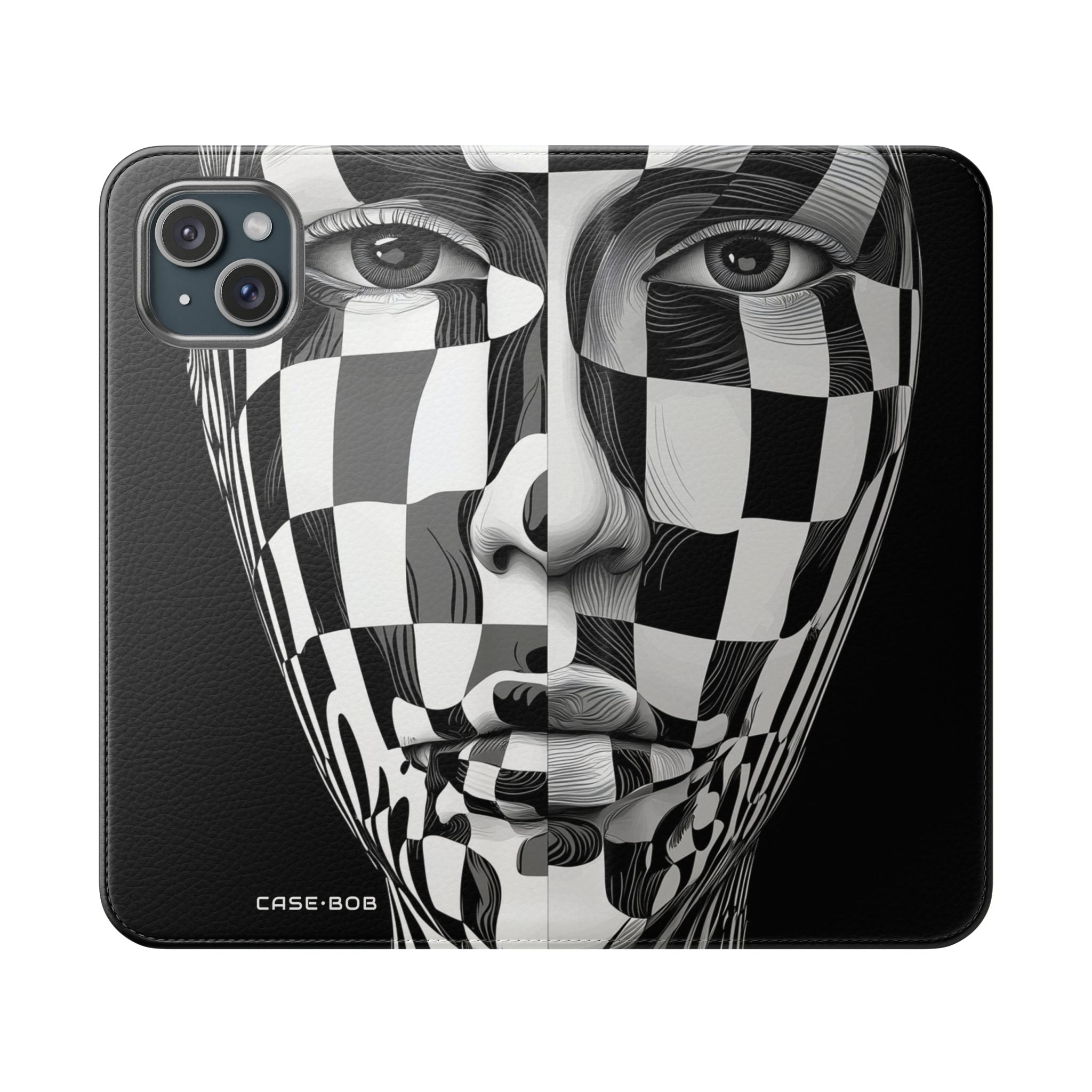 Mirrored Checkerboard Face - iPhone 15 Plus Case - Wallet