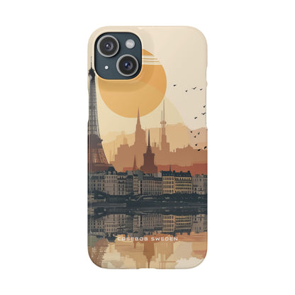 Eiffel Tower Silhouette with Birds and Sun Reflection iPhone 15 - Slim Phone Case