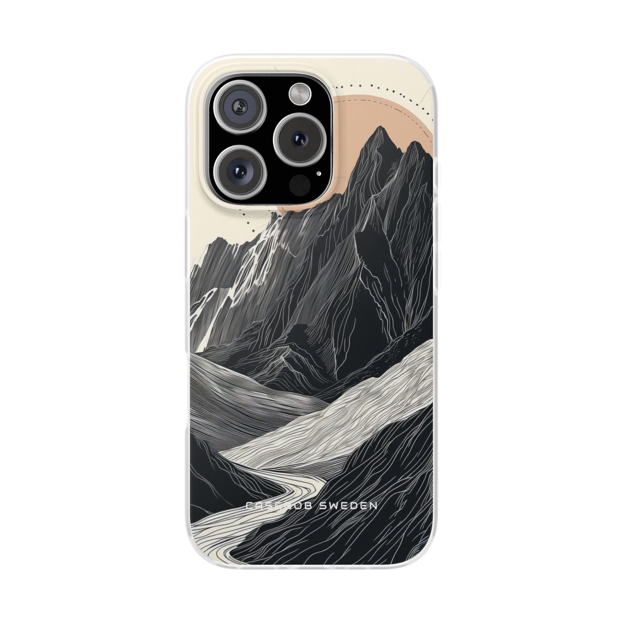 Minimalist Mountain Landscape with Flowing River iPhone 16 - Flexi Phone Case