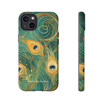 Peacock Elegance in Teal and Gold iPhone 14 - Tough Phone Case