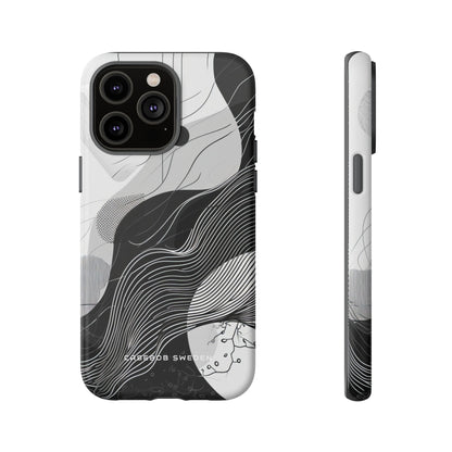 Fluid Rhythms: Monochrome Line Flow iPhone 14 - Tough Phone Case