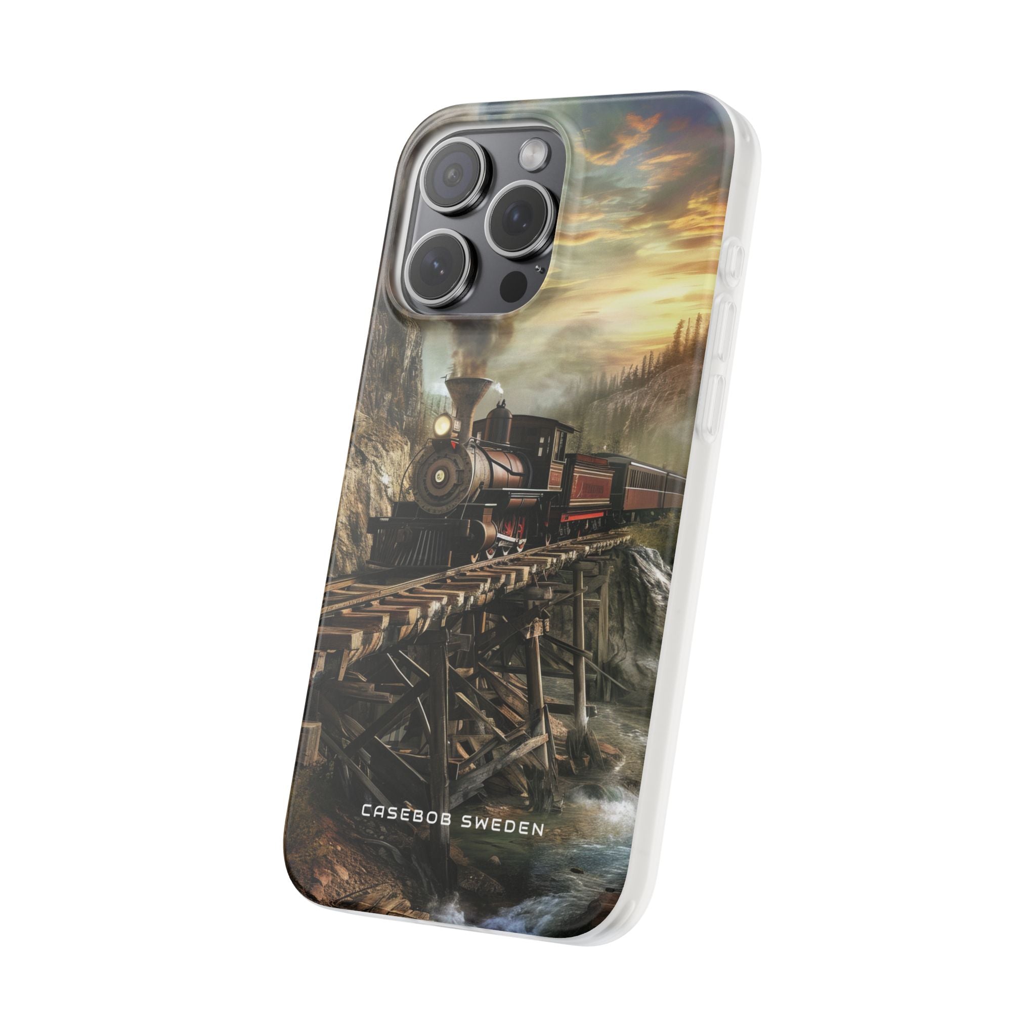 Vintage Steam Train Crossing Mountain Bridge iPhone 15 - Flexi Phone Case