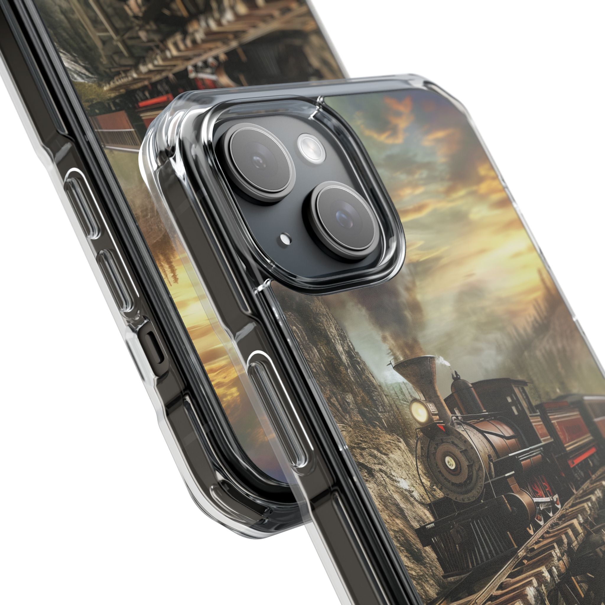 Vintage Steam Train Crossing Mountain Bridge iPhone 15 - Clear Impact Phone Case