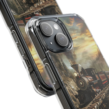 Vintage Steam Train Crossing Mountain Bridge iPhone 15 - Clear Impact Phone Case