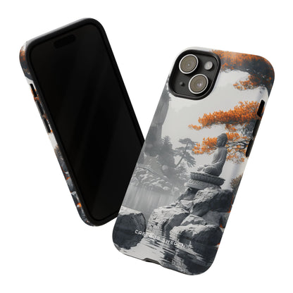 Zen Serenity: Tranquil Landscape with Buddha and Pagoda iPhone 15 - Tough Phone Case