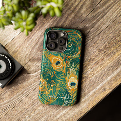 Peacock Elegance in Teal and Gold iPhone 15 - Tough Phone Case