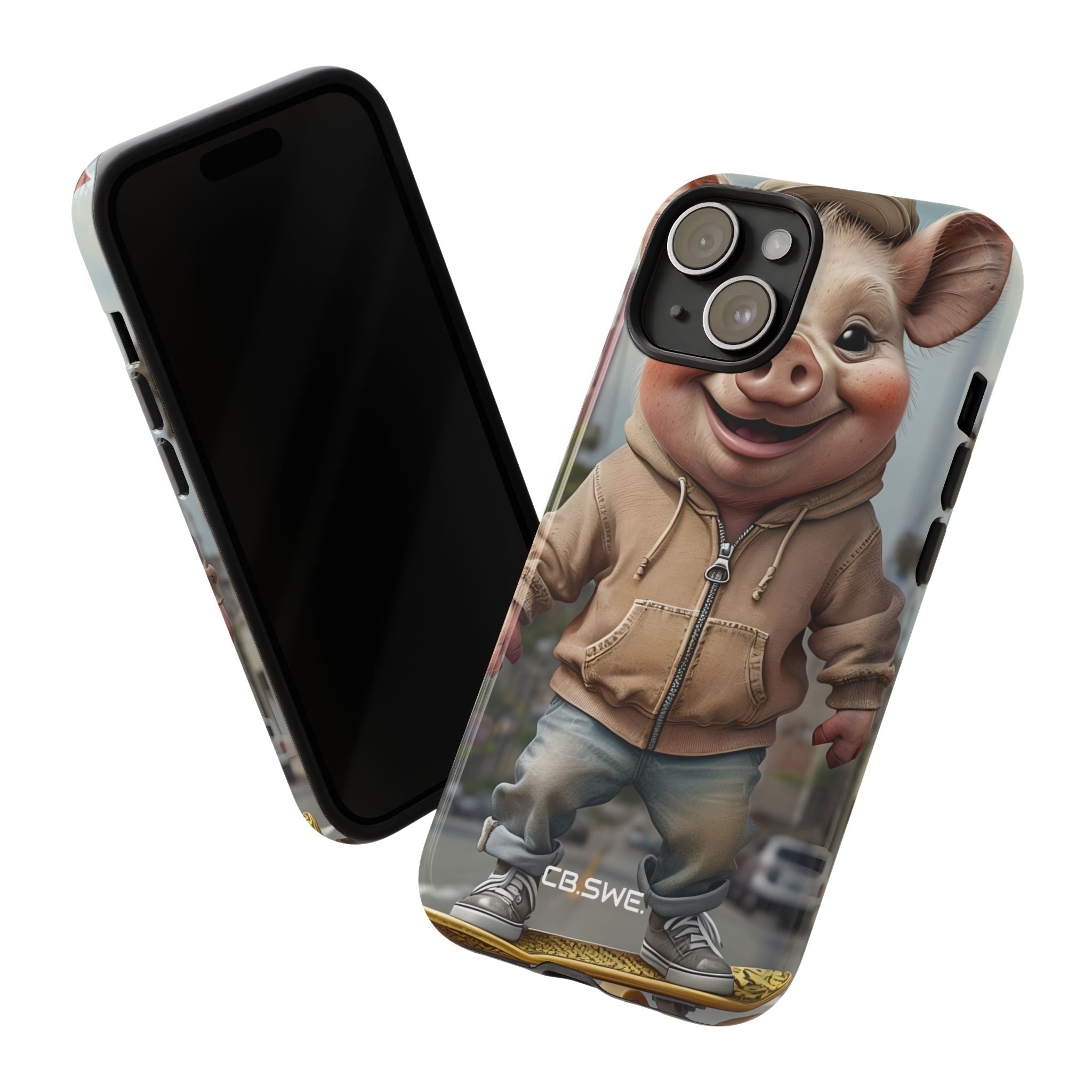 Playful Anthropomorphic Pig Skateboarding Illustration Art iPhone 15 - Tough