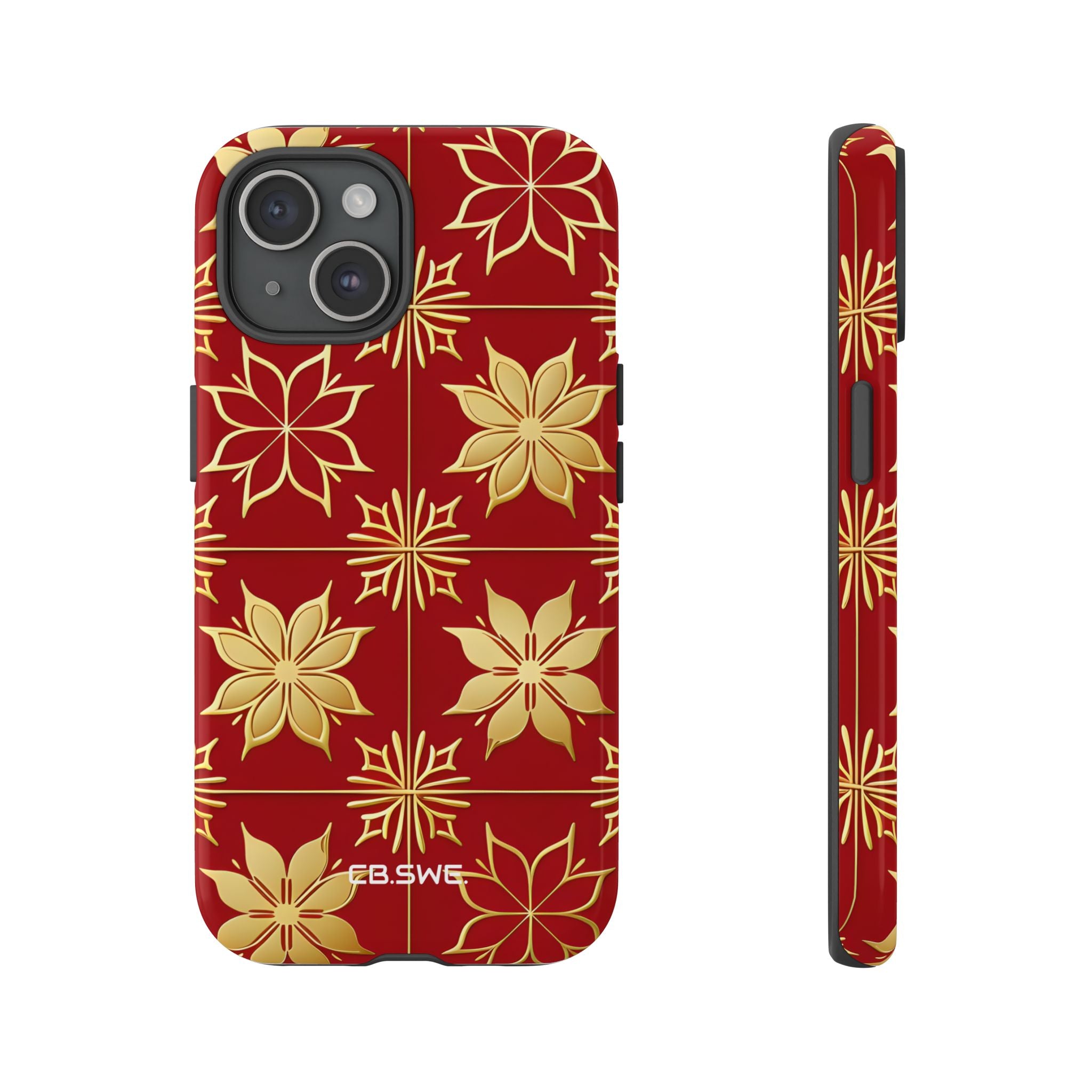 Eleganter Gold Floral Seamless Rich Red iPhone 15 - Tough