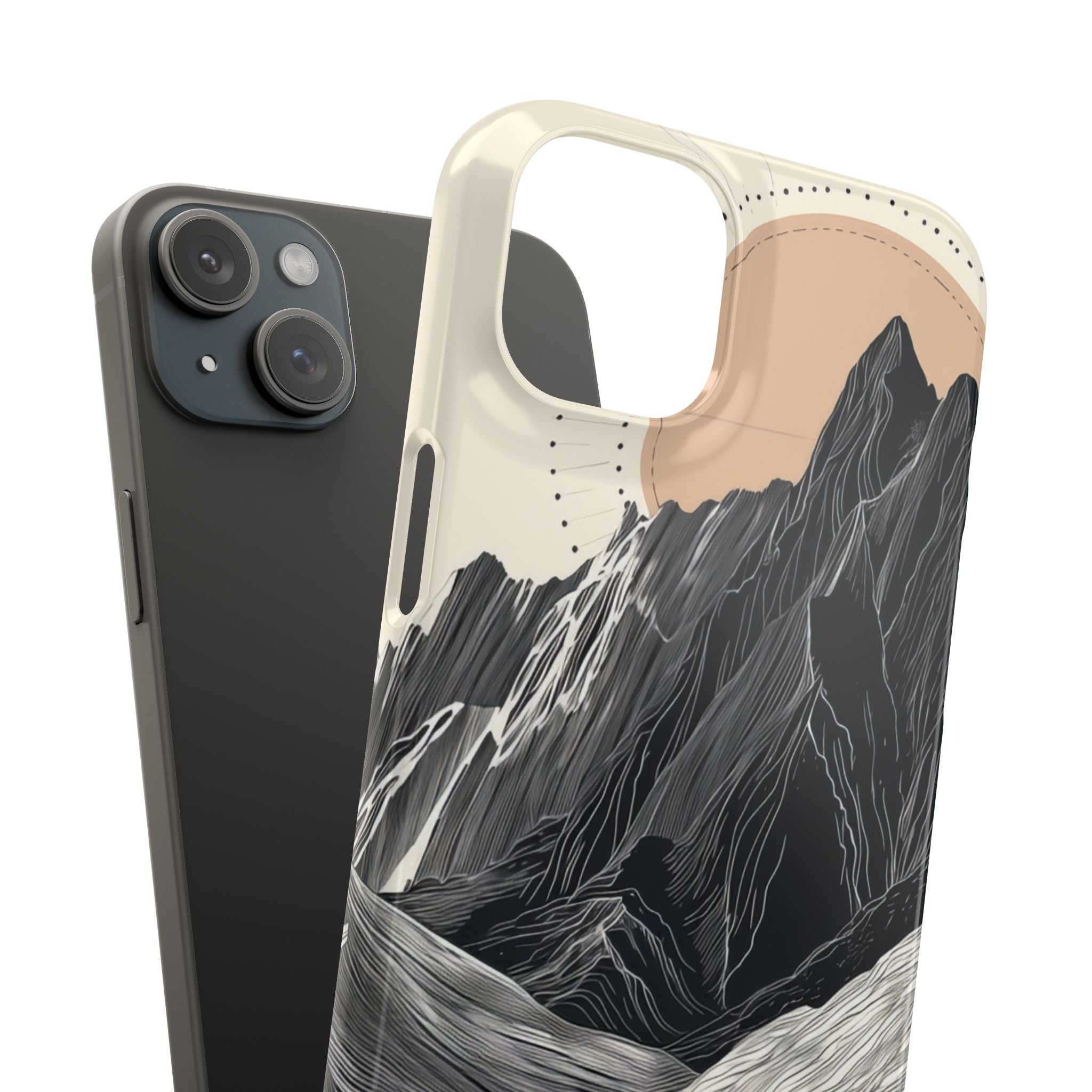 Minimalist Mountain Landscape with Flowing River iPhone 15 - Slim Phone Case