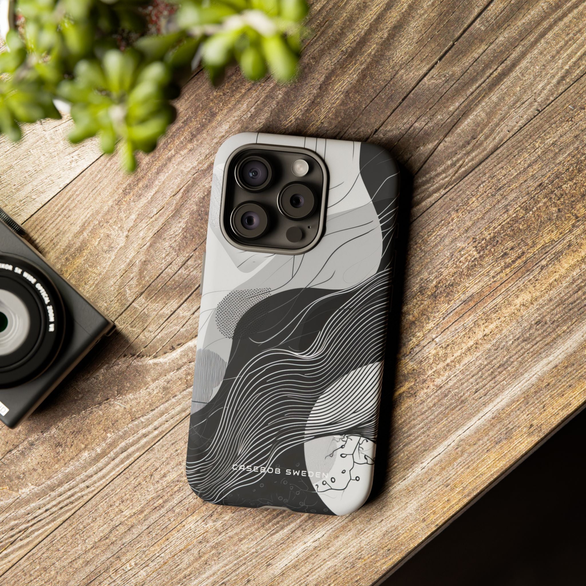 Fluid Rhythms: Monochrome Line Flow iPhone 15 - Tough Phone Case