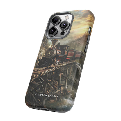 Vintage Steam Train Crossing Mountain Bridge iPhone 14 - Tough Phone Case