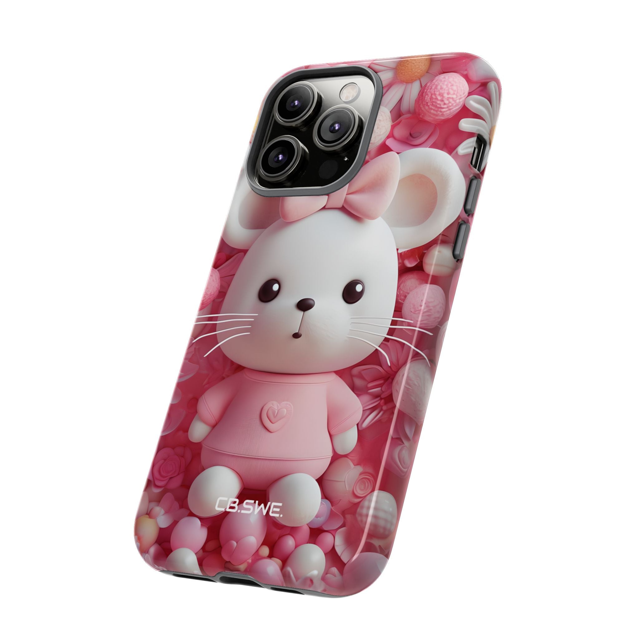 Adorable 3D Rendered White Mouse Plush Toy Floral iPhone 14 - Tough