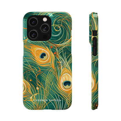 Peacock Elegance in Teal and Gold iPhone 14 - Slim Phone Case