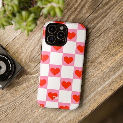Charming Pink White Checkerboard Heart Shapes iPhone 16 - Tough