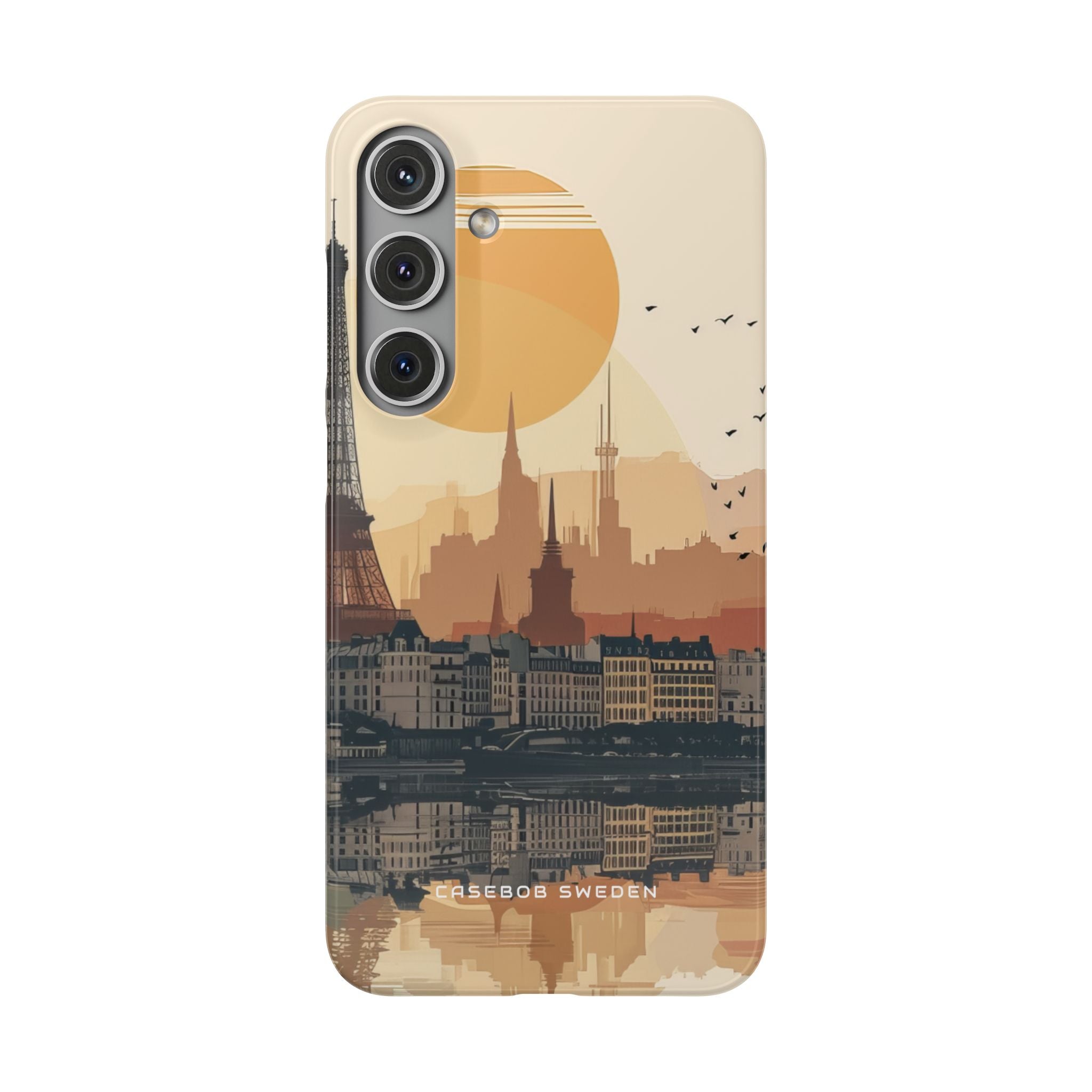 Eiffel Tower Silhouette with Birds and Sun Reflection Samsung S24 - Slim Phone Case