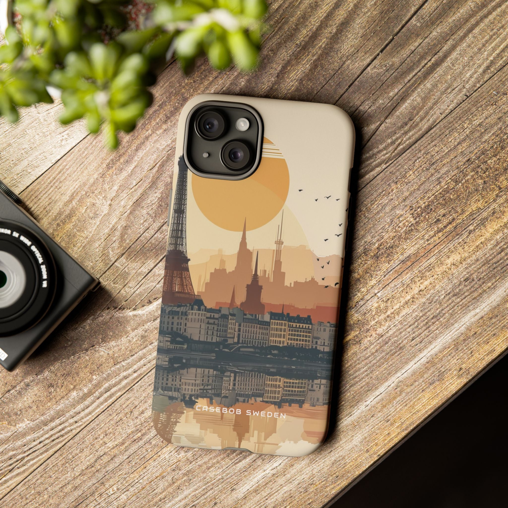 Eiffel Tower Silhouette with Birds and Sun Reflection iPhone 15 - Tough Phone Case