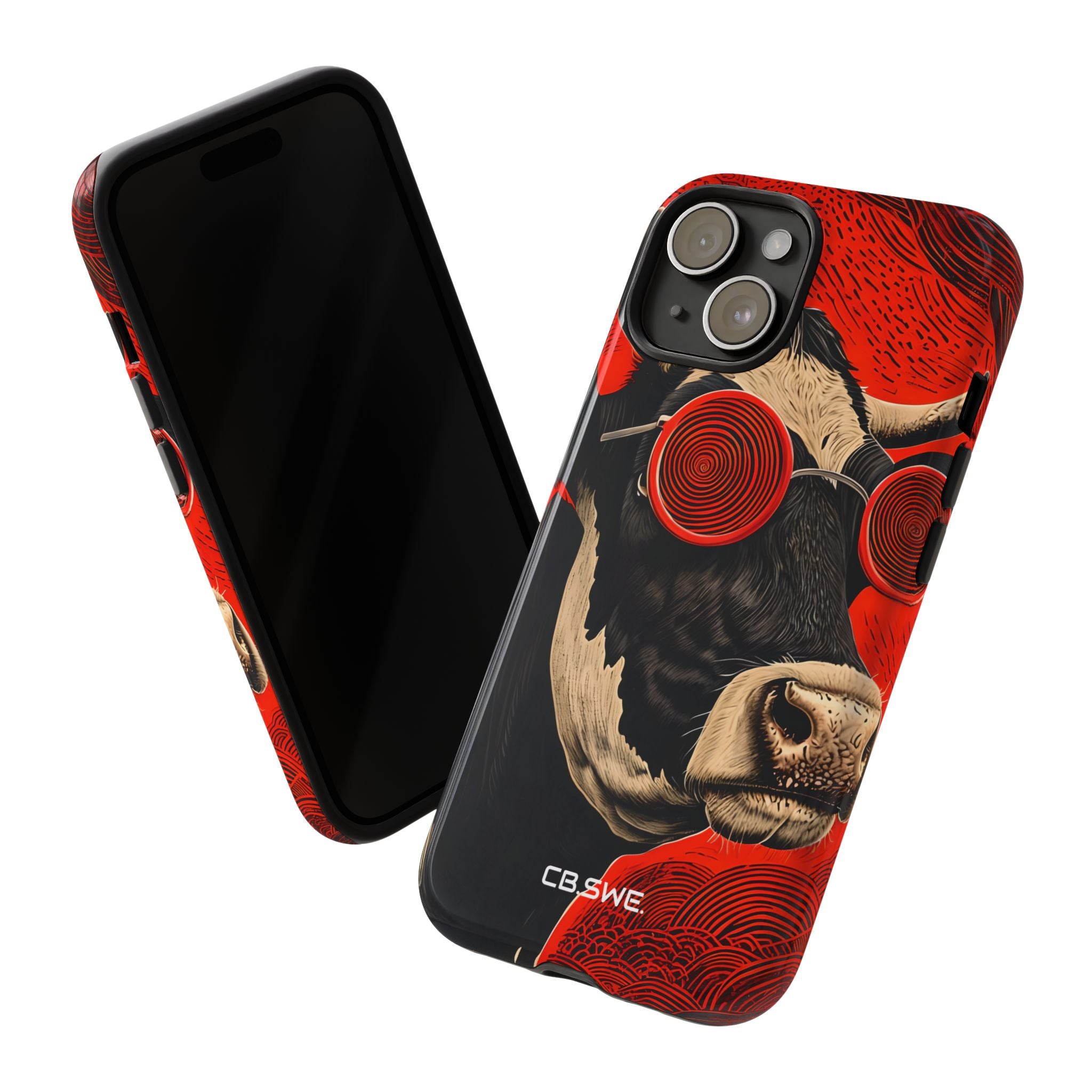 Surreal Black White Cow Red Spiral Sunglasses iPhone 15 - Tough