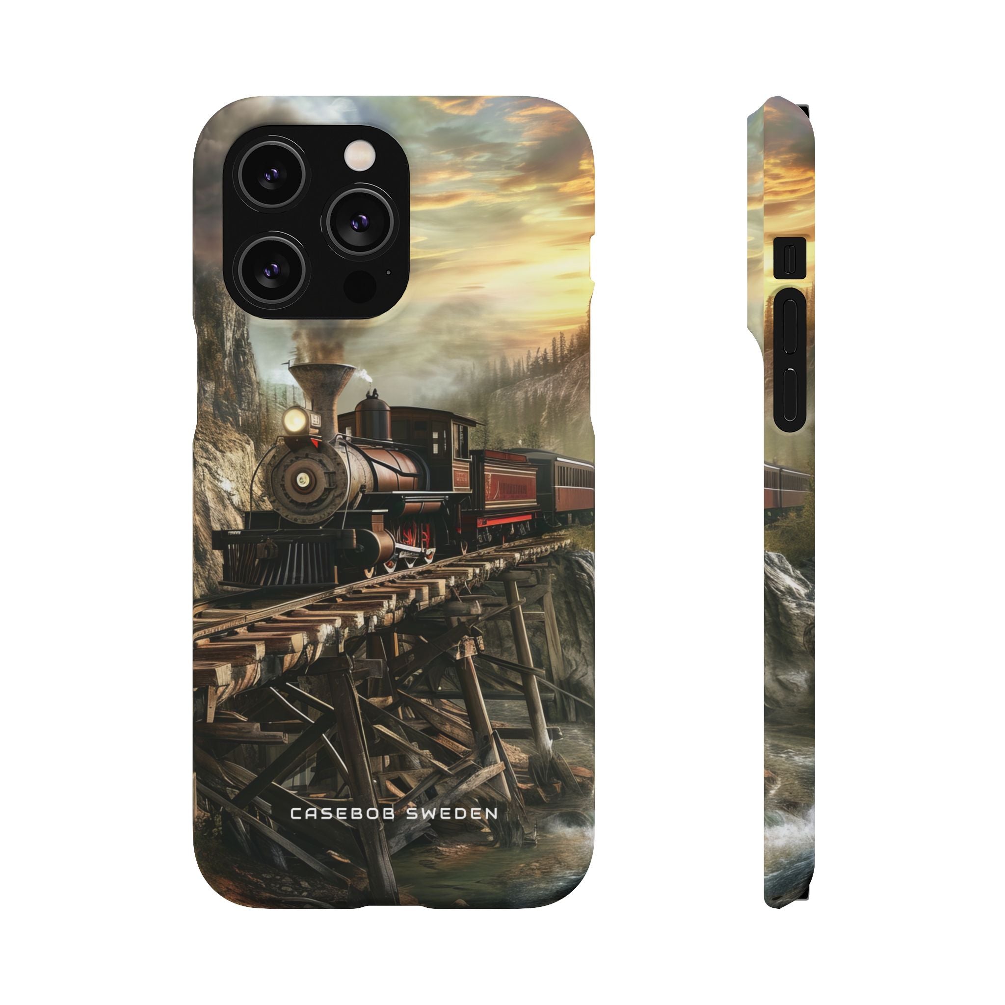 Vintage Steam Train Crossing Mountain Bridge iPhone 14 - Slim Phone Case