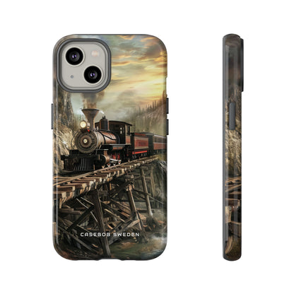 Vintage Steam Train Crossing Mountain Bridge iPhone 14 - Tough Phone Case