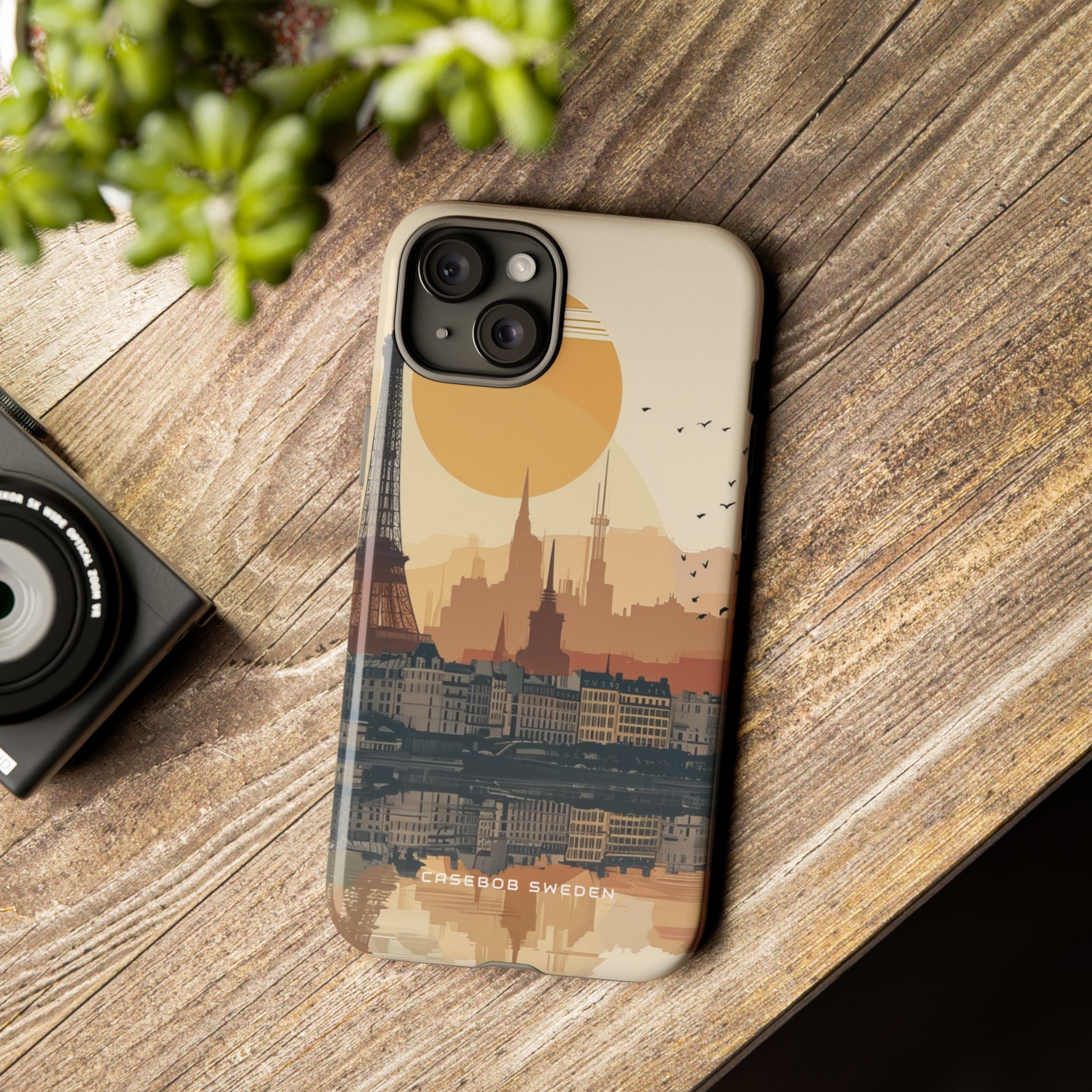 Eiffel Tower Silhouette with Birds and Sun Reflection iPhone 15 - Tough Phone Case