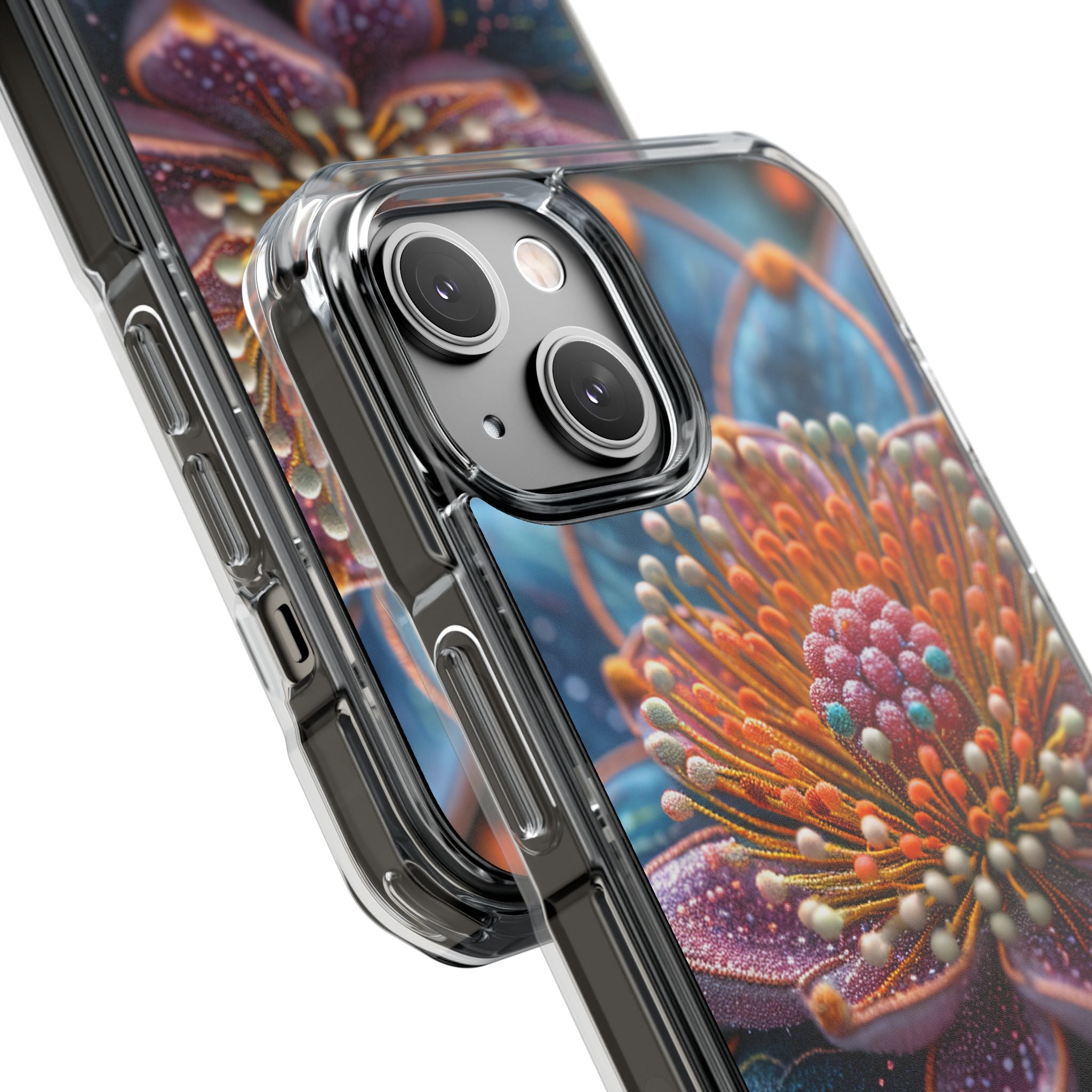 Blue-Orange Floral Swirl - Clear Impact iPhone 14 Phone Case