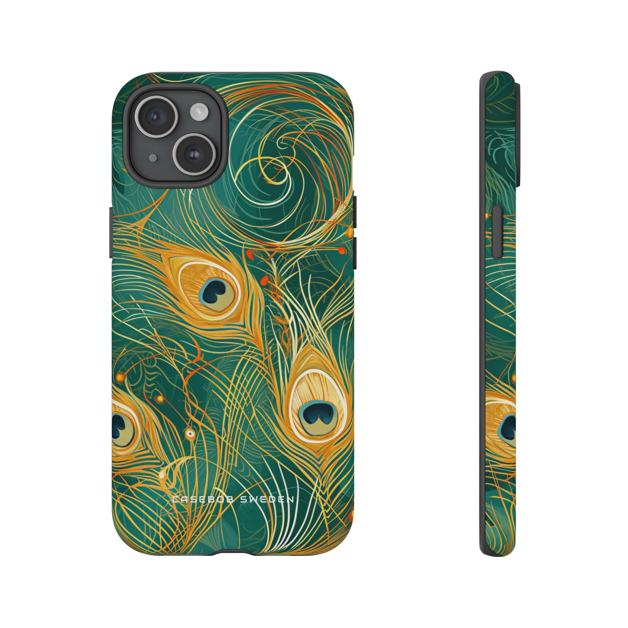 Peacock Elegance in Teal and Gold iPhone 15 - Tough Phone Case