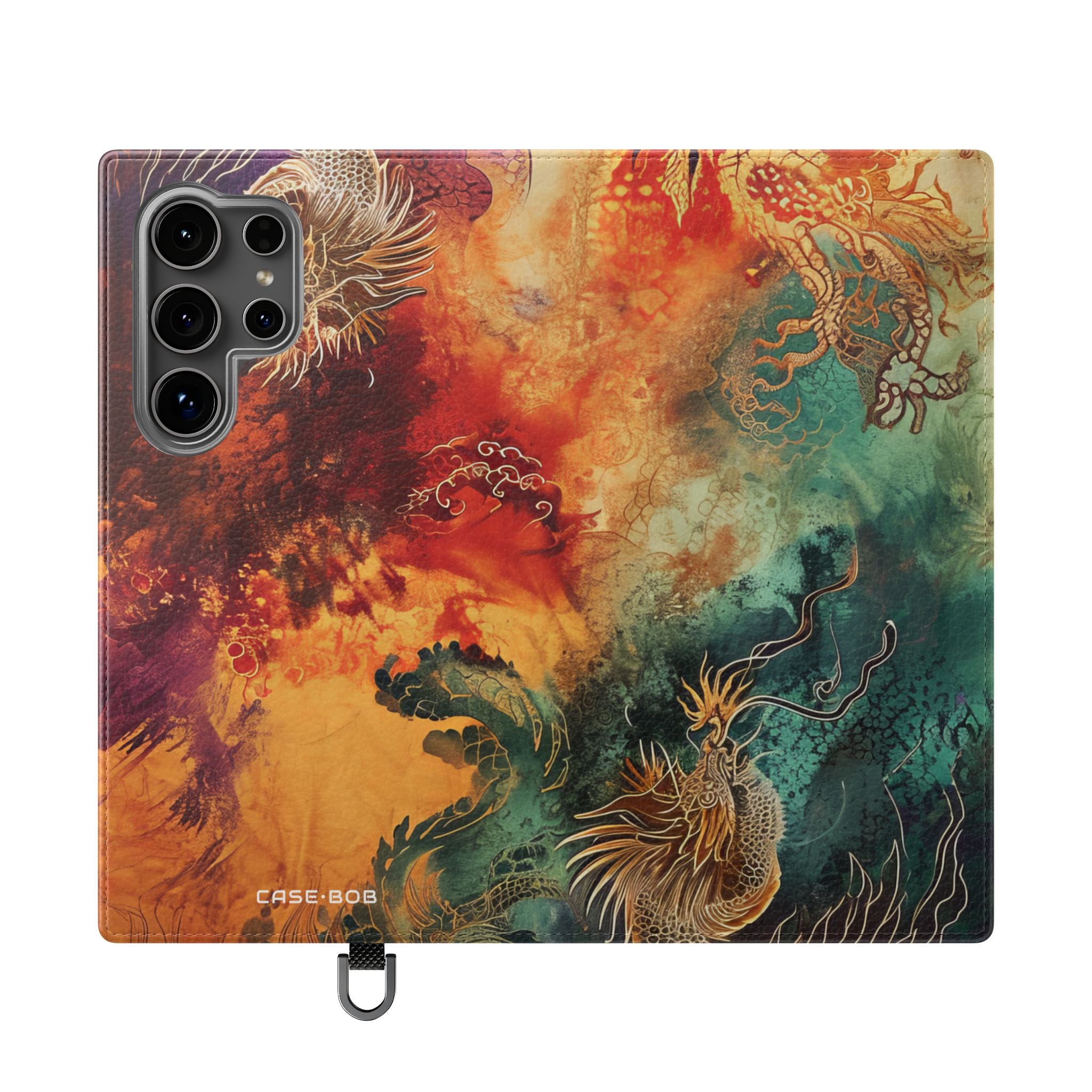 Kultaiset lohikäärmeet liekeissä - Samsung S24 Ultra -lompakkokotelo