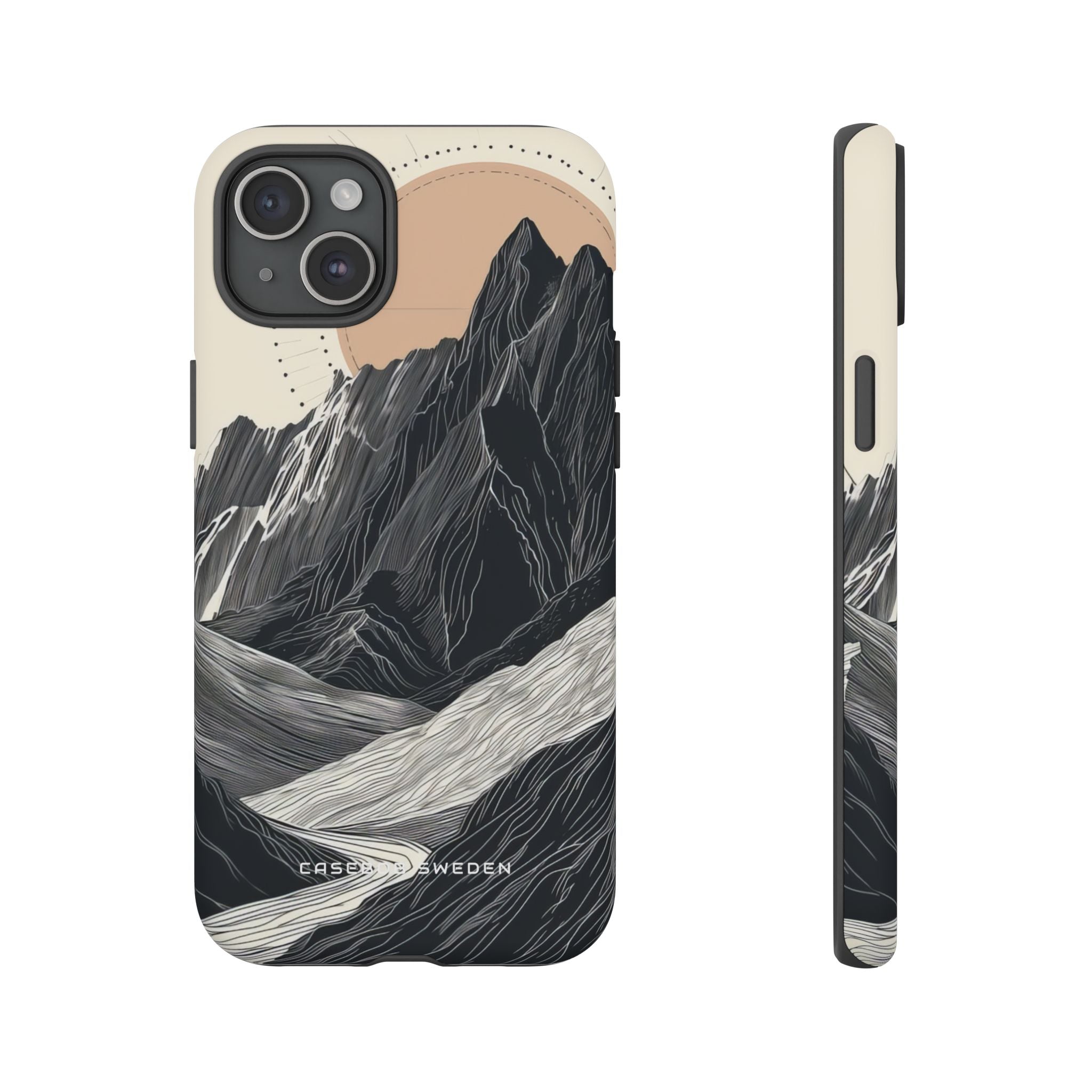 Minimalist Mountain Landscape with Flowing River iPhone 15 - Tough Phone Case