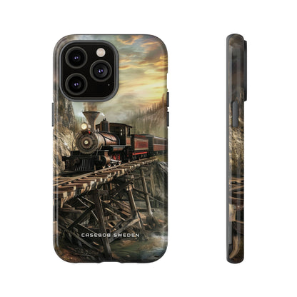 Vintage Steam Train Crossing Mountain Bridge iPhone 14 - Tough Phone Case