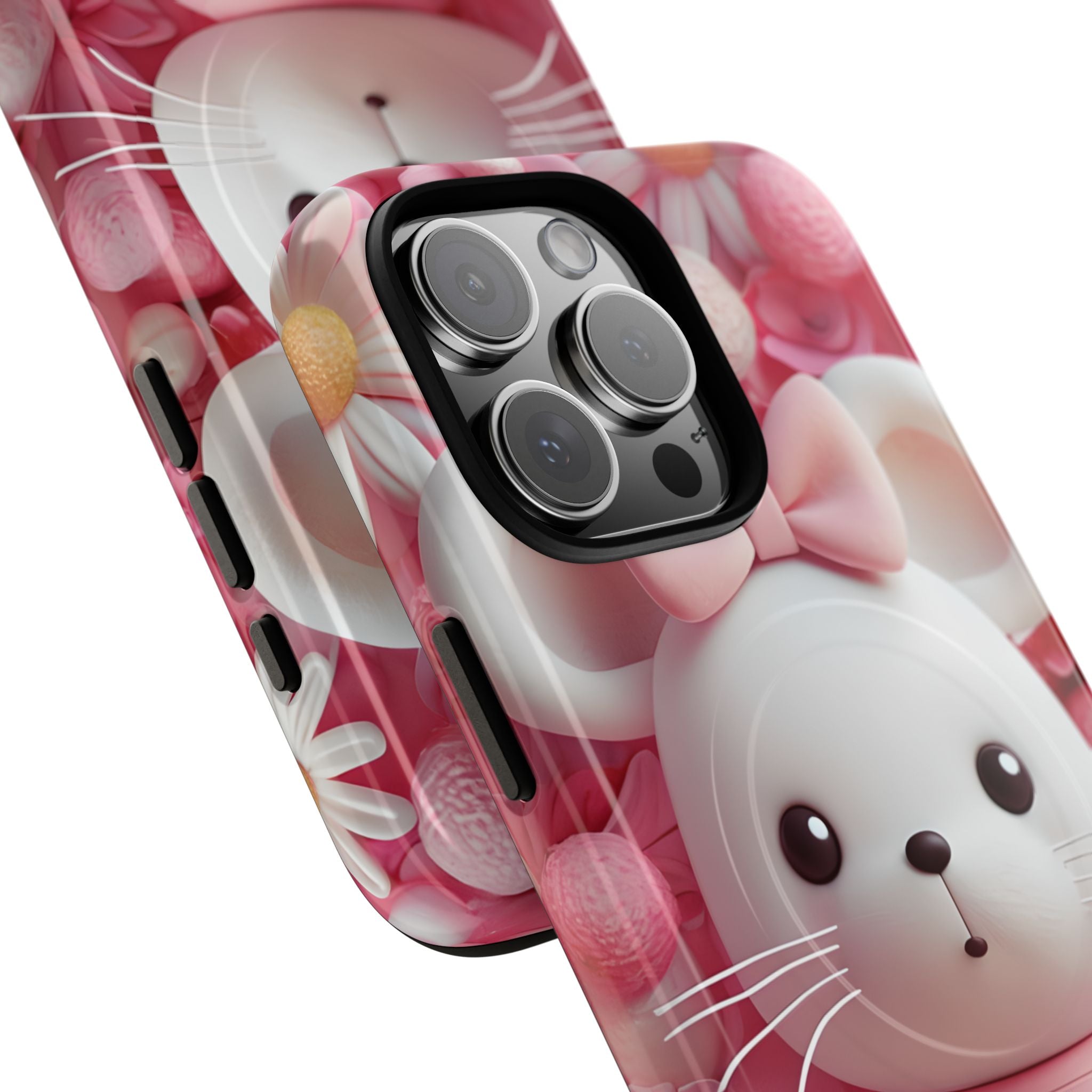 Adorable 3D Rendered White Mouse Plush Toy Floral iPhone 16 - Tough+