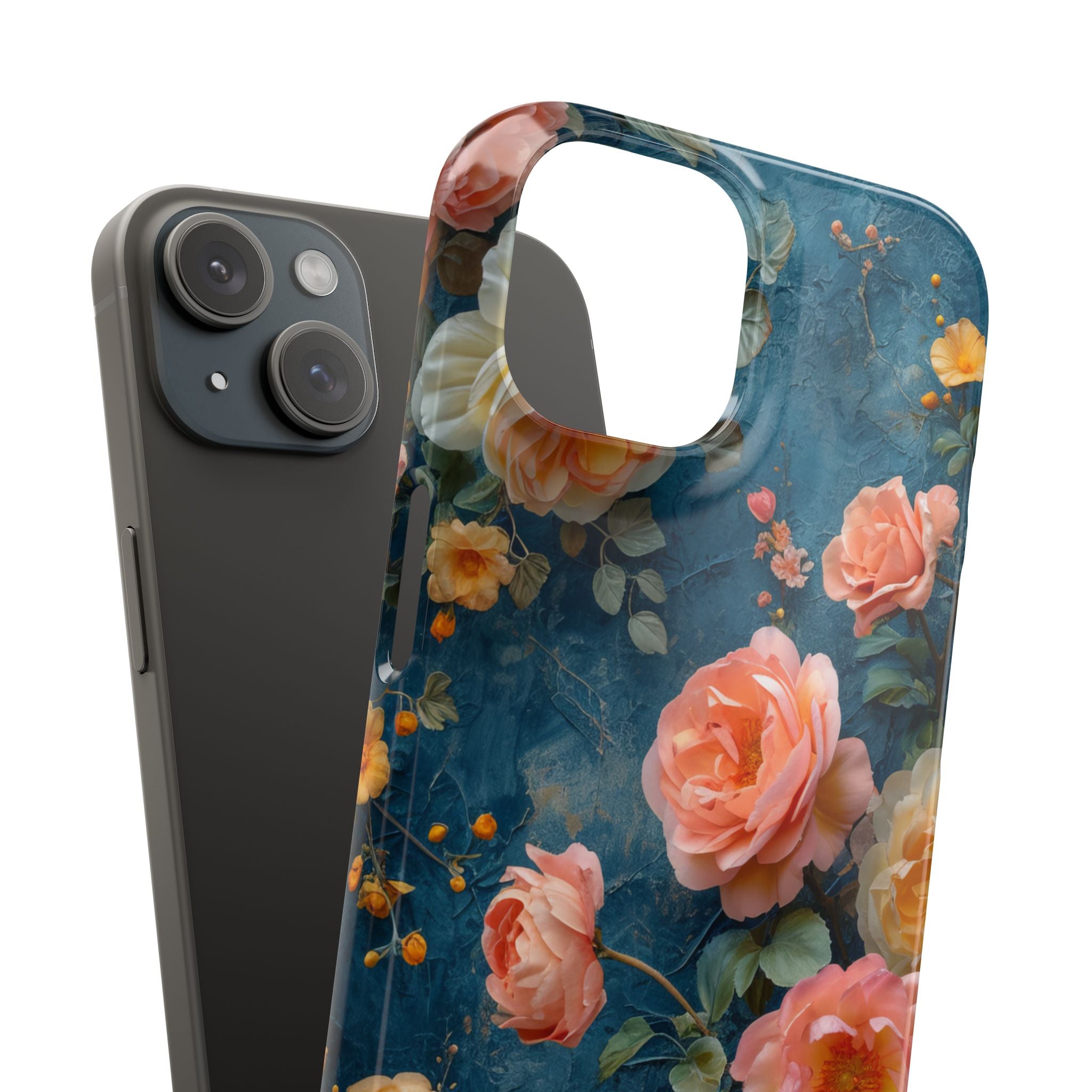 Blue Floral Elegance - Slim iPhone 15 Phone Case