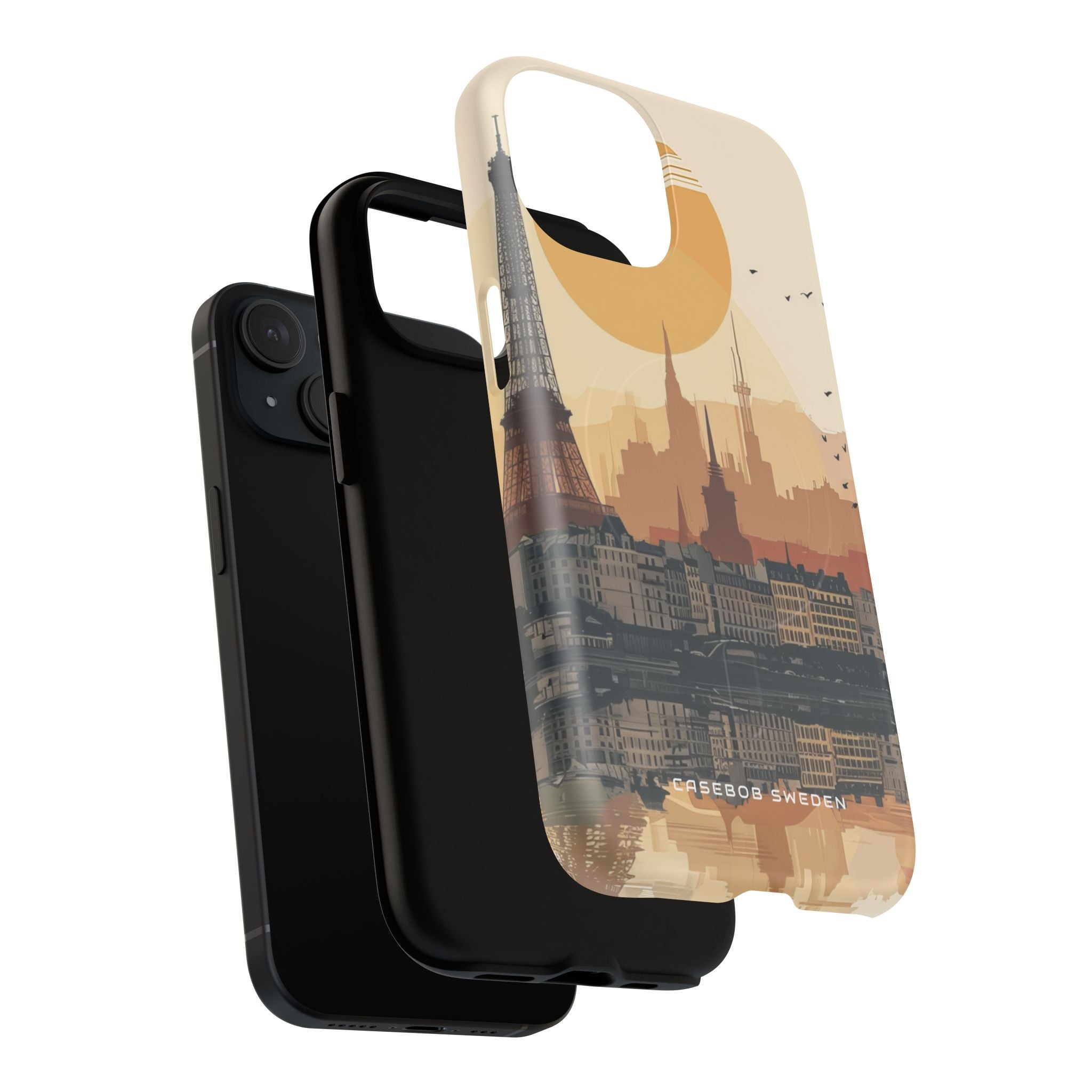 Eiffel Tower Silhouette with Birds and Sun Reflection iPhone 15 | Tough+ Phone Case