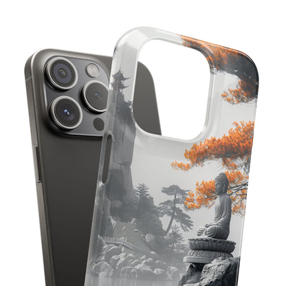 Zen Serenity: Tranquil Landscape with Buddha and Pagoda iPhone 15 - Slim Phone Case