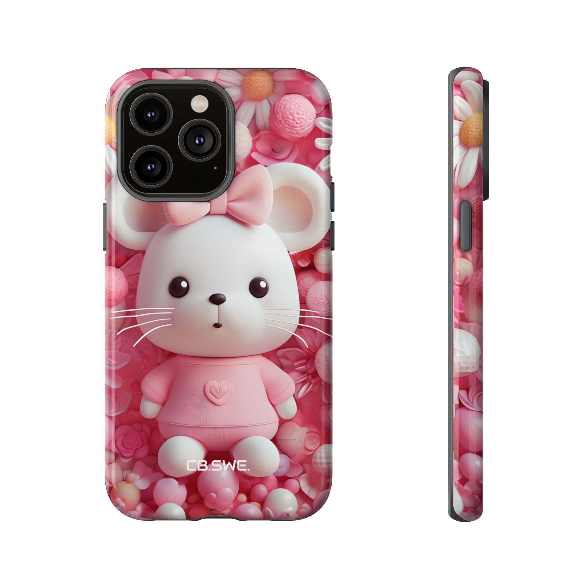 Adorable 3D Rendered White Mouse Plush Toy Floral iPhone 14 - Tough