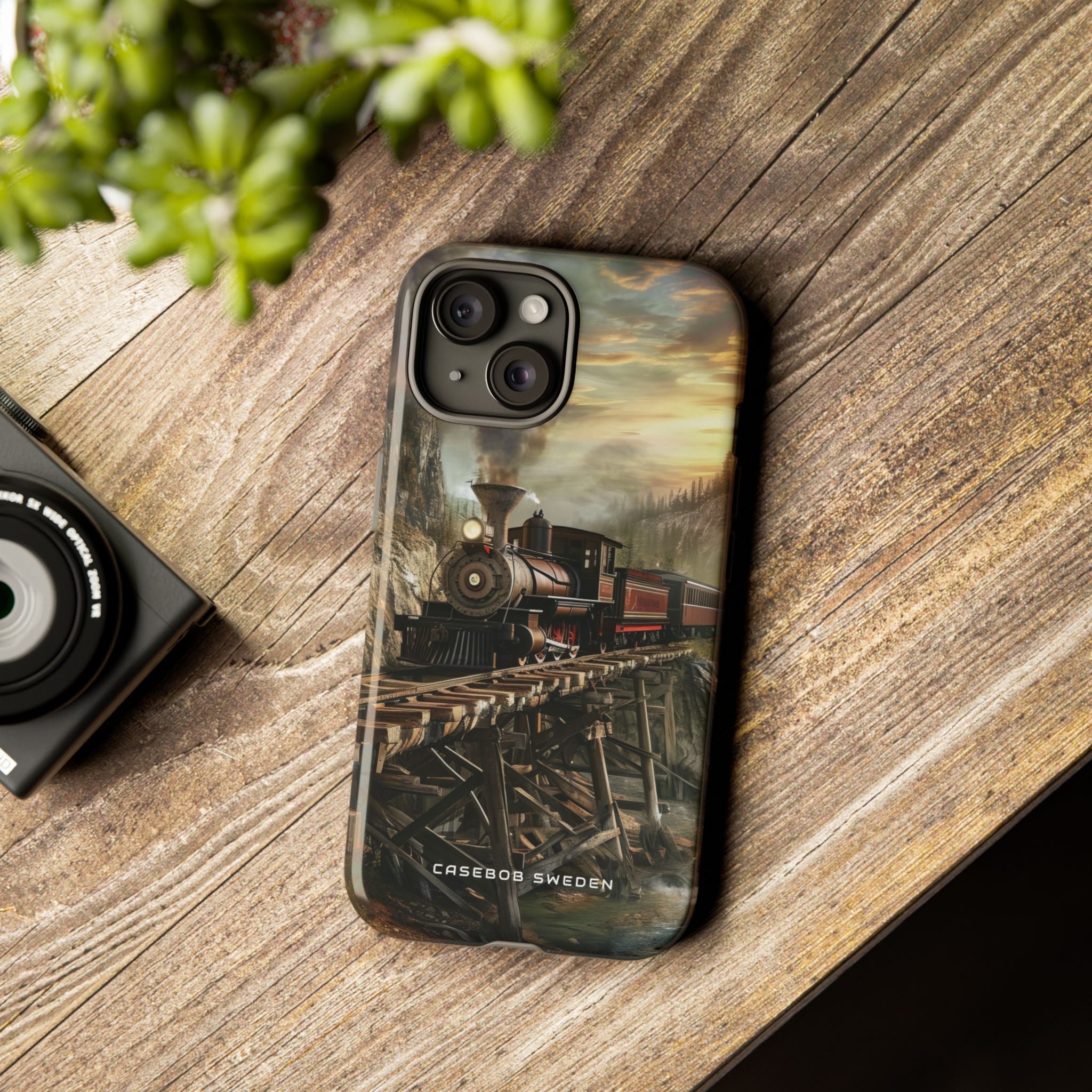 Vintage Steam Train Crossing Mountain Bridge iPhone 15 - Tough Phone Case